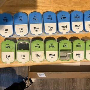 Weekly Pill Organizer with Blue and Green Compartments